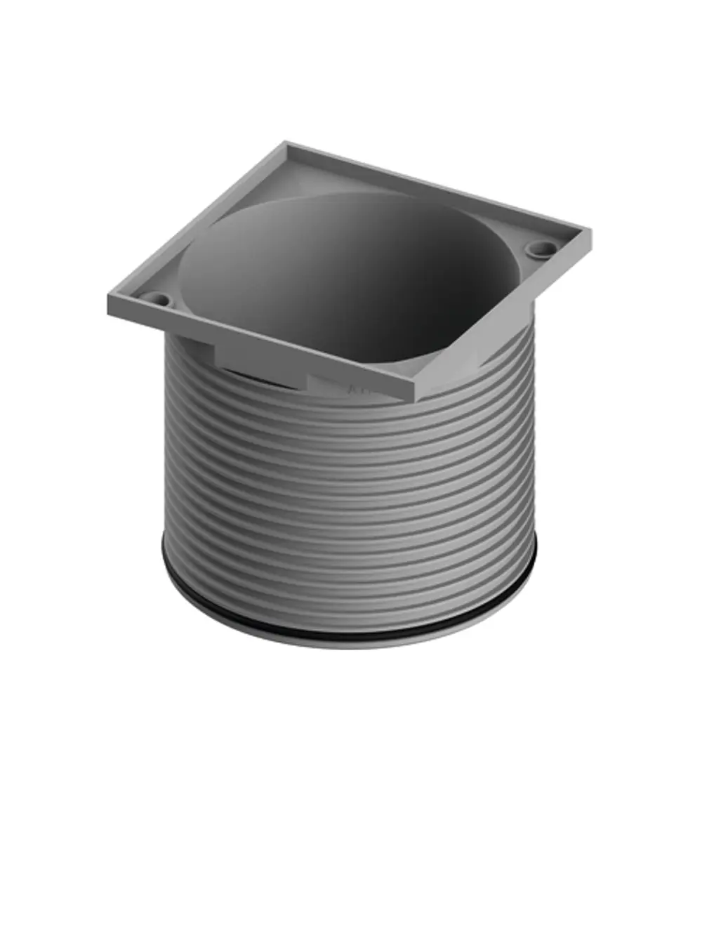Grauer Kunststoffbehälter mit quadratischer Abdeckung, gerilltem Zylinder und einer gummierten Dichtung an der Basis. TECE-Design für wasserableitende Anwendungen.